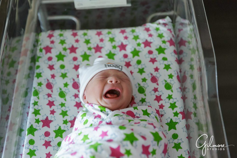 crying baby, newborn boy, Hoag Hospital bed