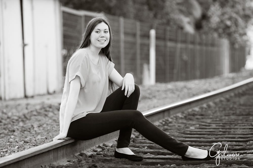 high school senior, railroad tracks, SJC photographer, black and white, OC