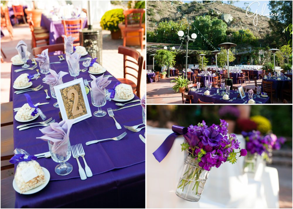 Tivoli Too Wedding, purple theme, floral, table linens, numbers, tableware, glasses, florist