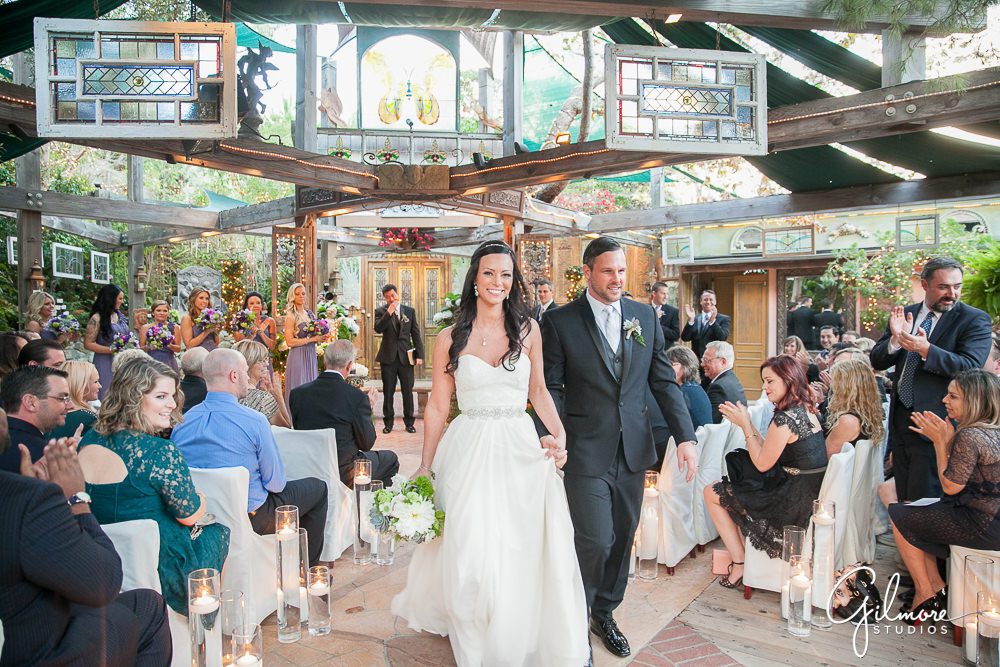 wedding ceremony exit, Tivoli Terrace Wedding, bride and groom, Laguna Beach