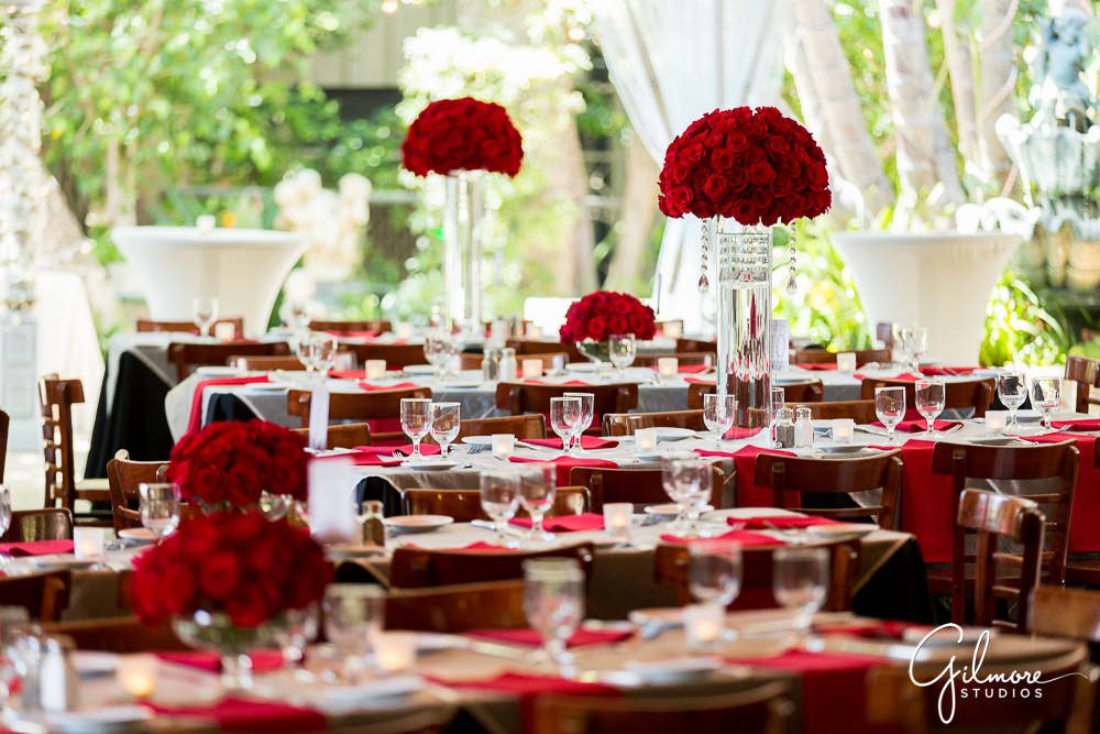 red rose reception decor, Tivoli Terrace Wedding