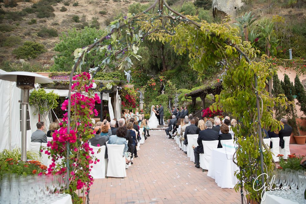 Tivoli Too Wedding, from the back of the ceremony location, garden decor, Laguna Beach