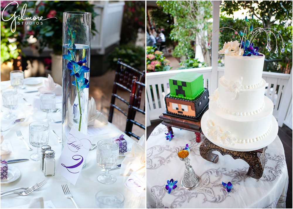 wedding cake, floral decor, mindcraft groom cake, Laguna Beach