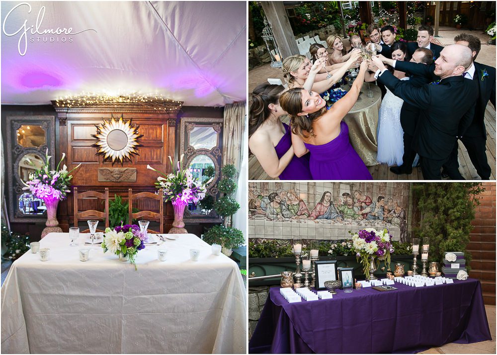 Tivoli Terrace Wedding, sweetheart table, purple wedding decor, bridal party, welcome table