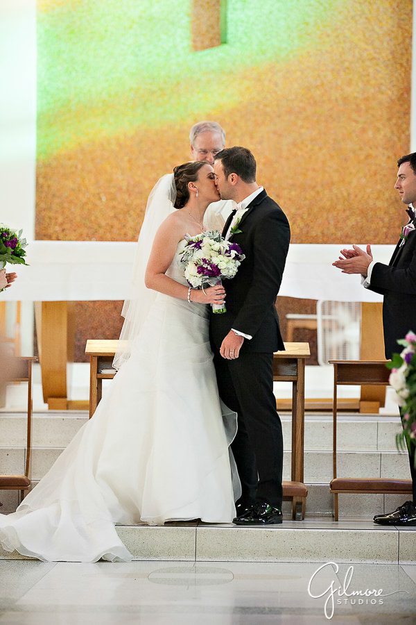 first kiss, wedding ceremony, Air force wedding, Costa Mesa, St. Joachim's Church