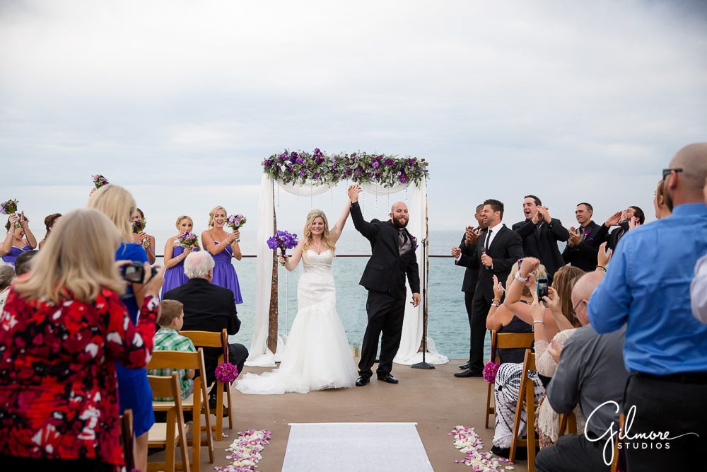 purple flowers, bouquet, wedding, wedding dress, wedding ceremony, bride, groom, laguna beach, Surf and Sand Resort Wedding
