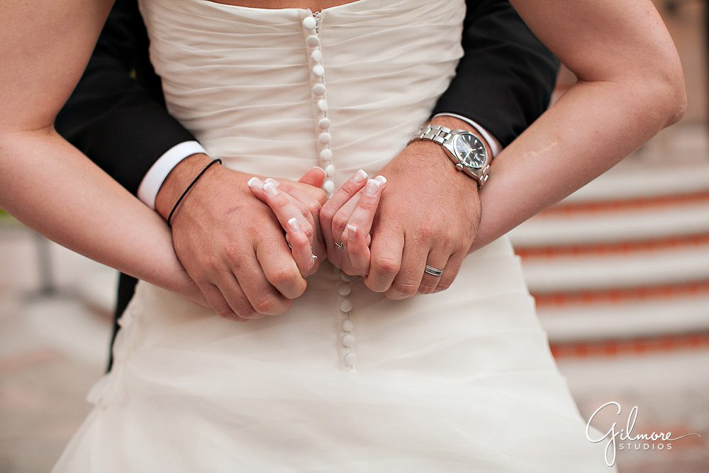 holding hands, bride, groom, Rosa Clara wedding gown