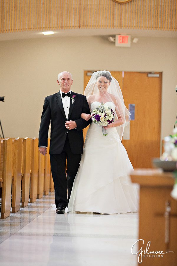 father walking the bride down the aisle, Air force wedding, Costa Mesa, St. Joachim's Church