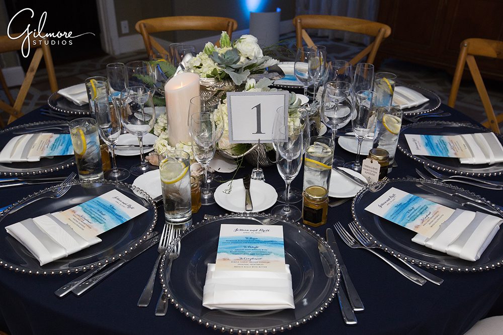 table linens, dinnerware, navy blue reception decor, Laguna Beach, Surf and Sand resort wedding