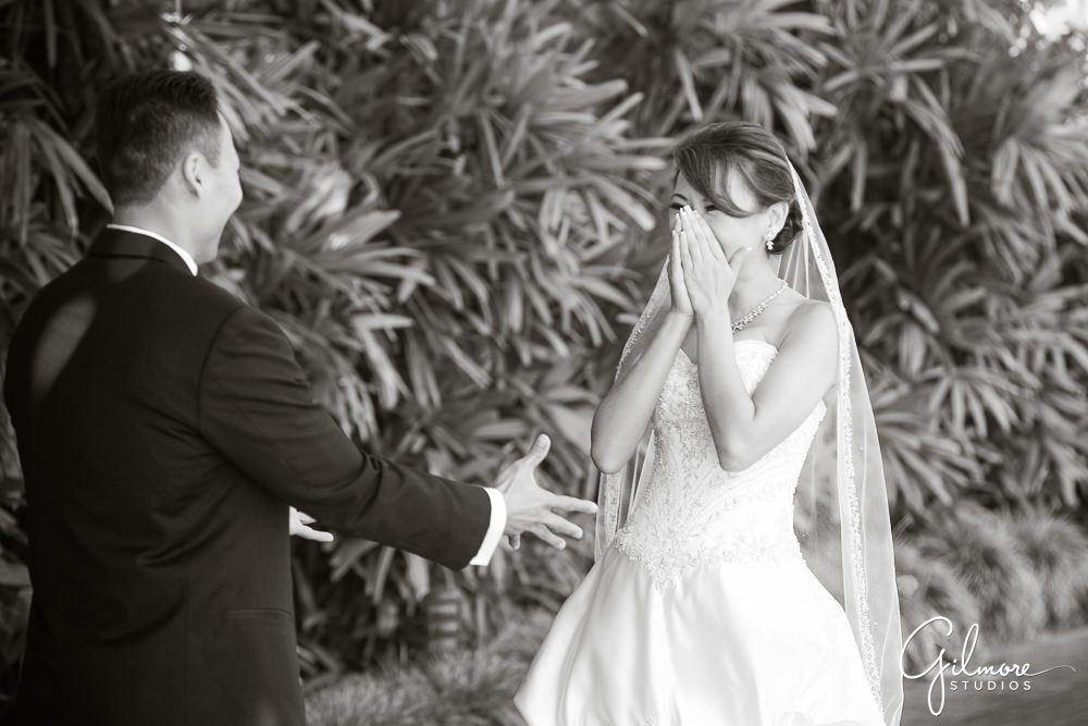 Hyatt Regency Newport Beach, black and white, photographer, wedding, bride, groom, first look, dress