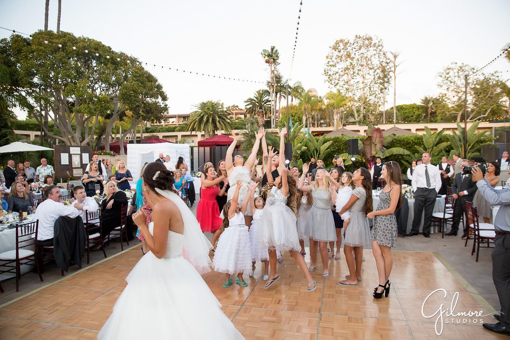 Hyatt Regency Newport Beach, bride, bouquet, toss, photographer, wedding, reception, tradition, dress, bridal party, outdoor