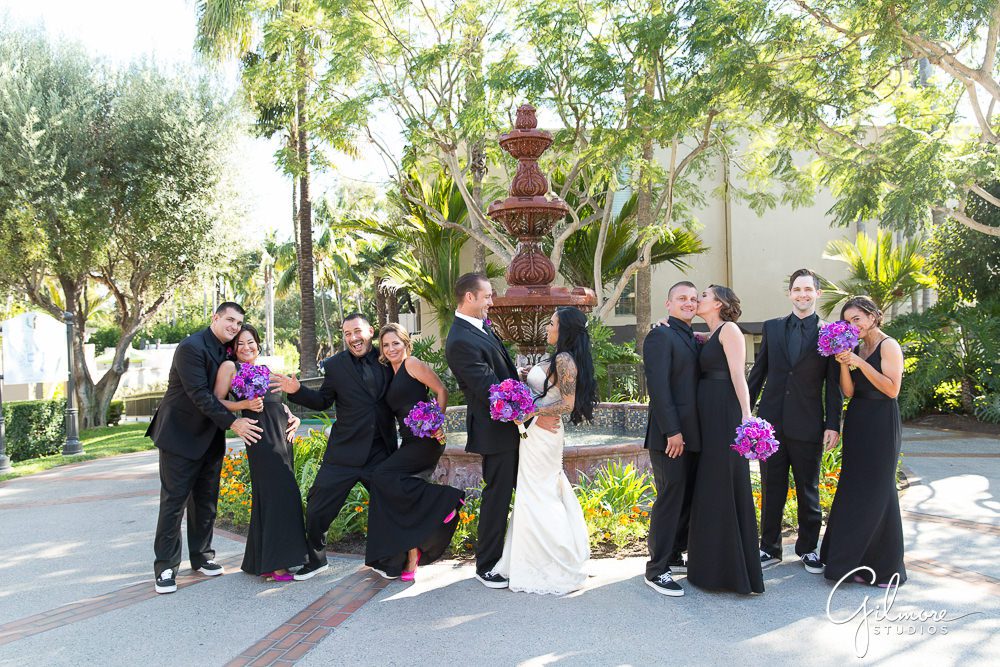 Hyatt Regency Newport Beach, bride, bridal party, wedding, photographer, inspiration, ideas, inspo, portrait, group, fountain, dress