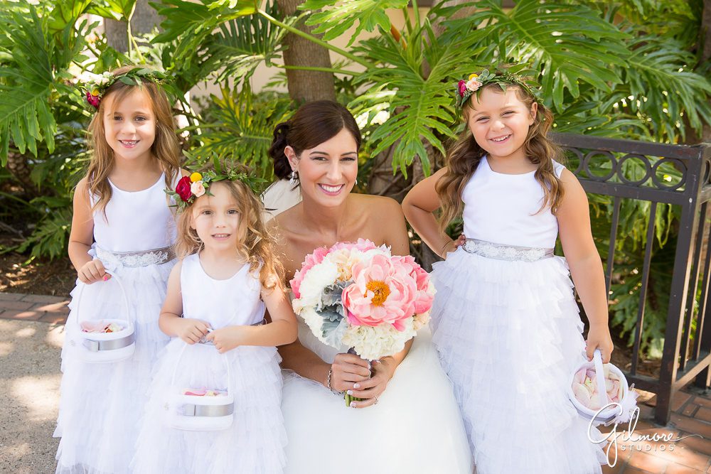 Hyatt Regency Newport Beach, bride, flowergirls, flowers, bouquet, wedding, dress, bridal, outdoors, inspiration