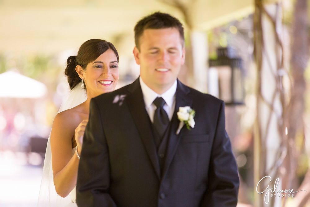Hyatt Regency Newport Beach, bride, groom, dress, suit, wedding, first look, photographer