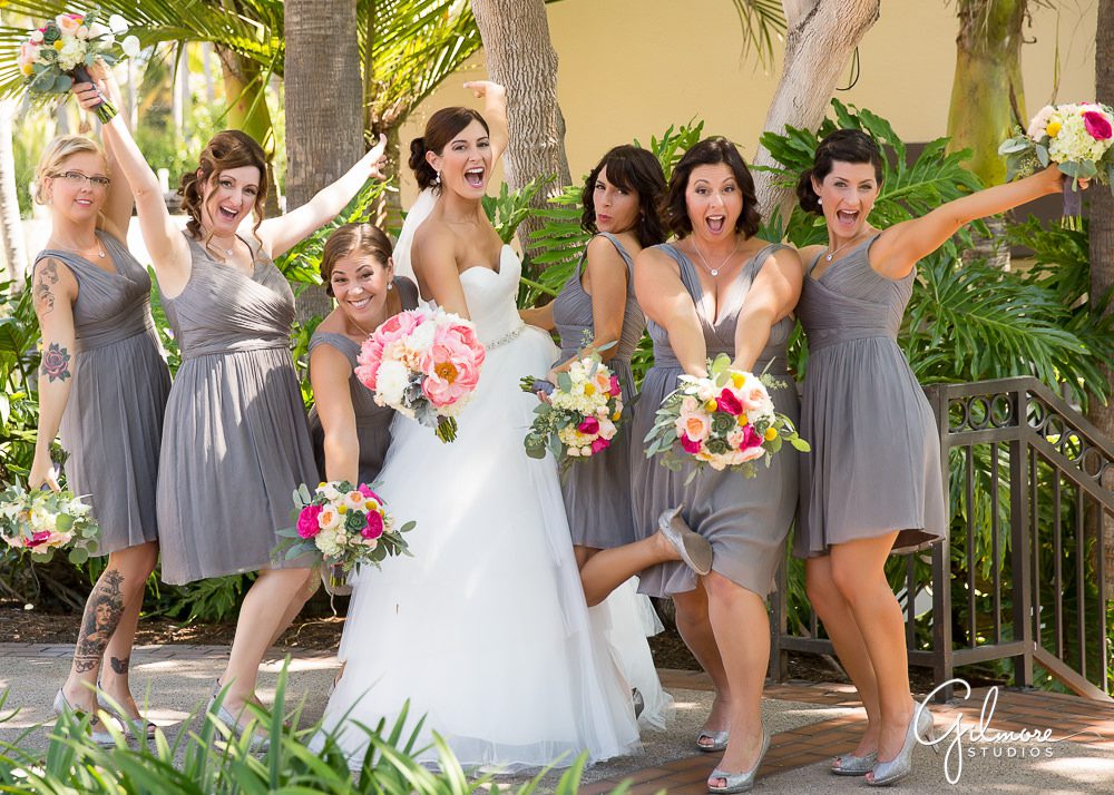 Hyatt Regency Newport Beach, bride, wedding, dress, bridesmaids, flowers, bouquets, photographer, bridal party, maid of honor, outdoor, group portrait