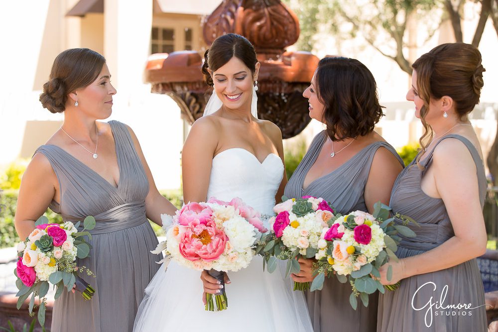 Hyatt Regency Newport Beach, bridesmaids, bride, dress, wedding, bouquet, bridal, photographer, floral, flowers