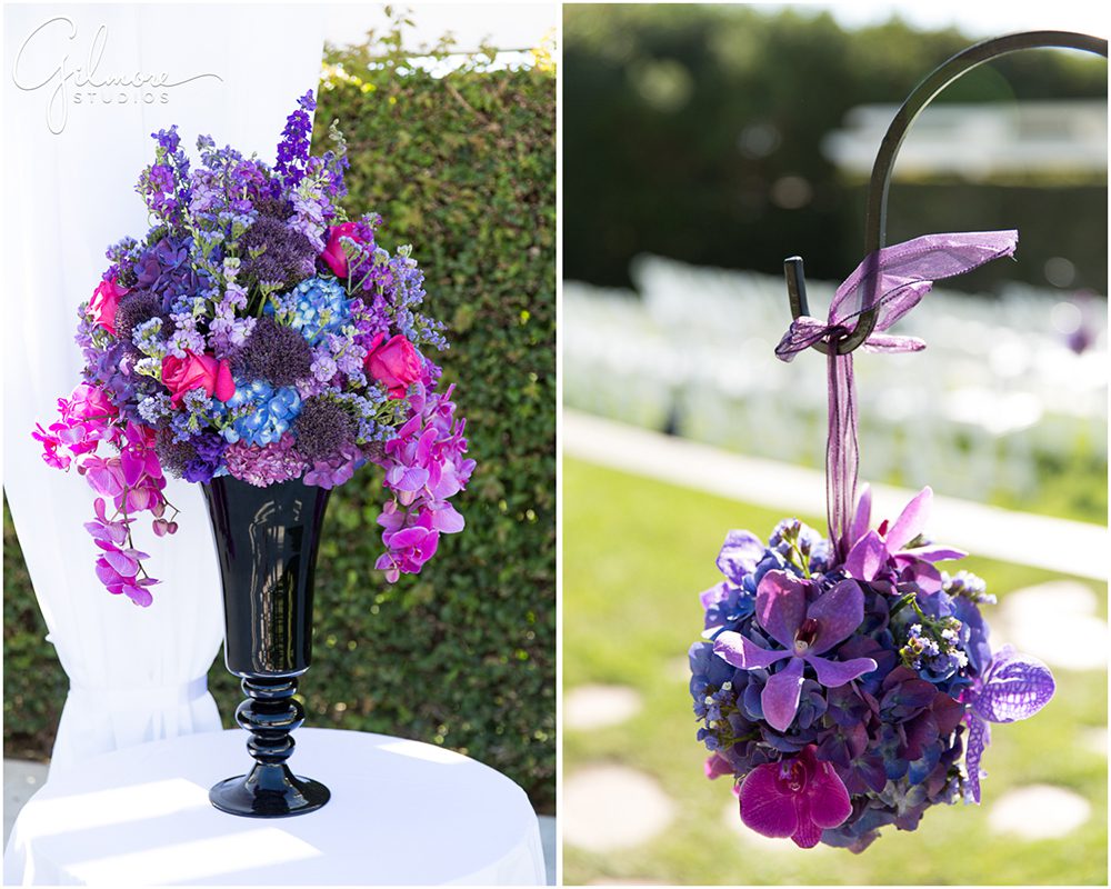 Hyatt Regency Newport Beach, flowers, floral, purple, hanging, vase, decor, ideas, inspiration, outdoor, wedding, ceremony, photographer