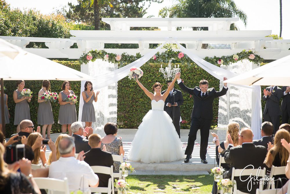 Hyatt Regency Newport Beach, exit, bride, groom, wedding, dress, ceremony, outdoor, photographer, flowers, inspiration, ideas, inspo, arch