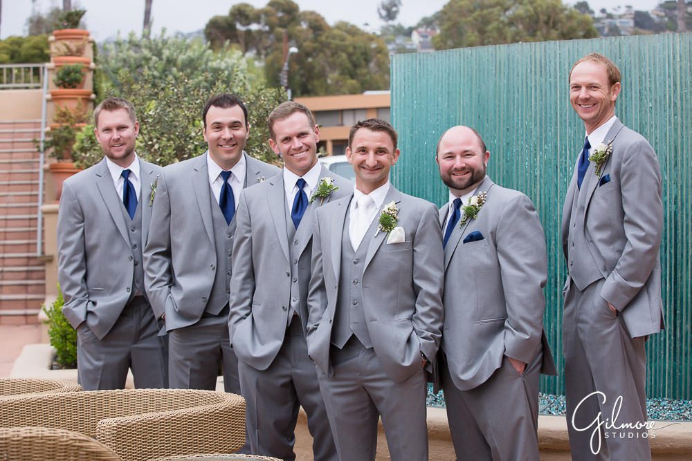 Surf and Sand Resort Wedding, groomsmen, grey suit, tux