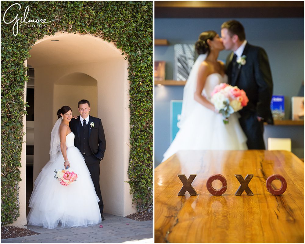 Hyatt Regency Newport Beach, kiss, photographer, wedding, flowers, bride, groom, dress