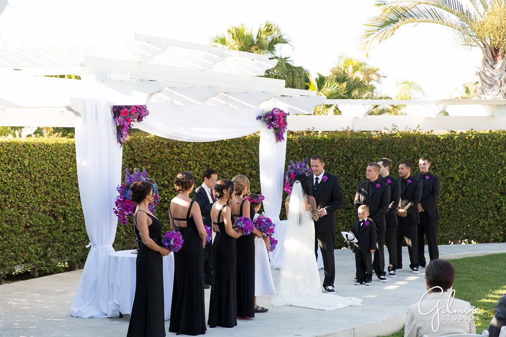 Hyatt Regency Newport Beach, bridal party, wedding, ceremony, bride, groom, dress, photographer, inspo, inspiration, flowers, decorations, decor, arch