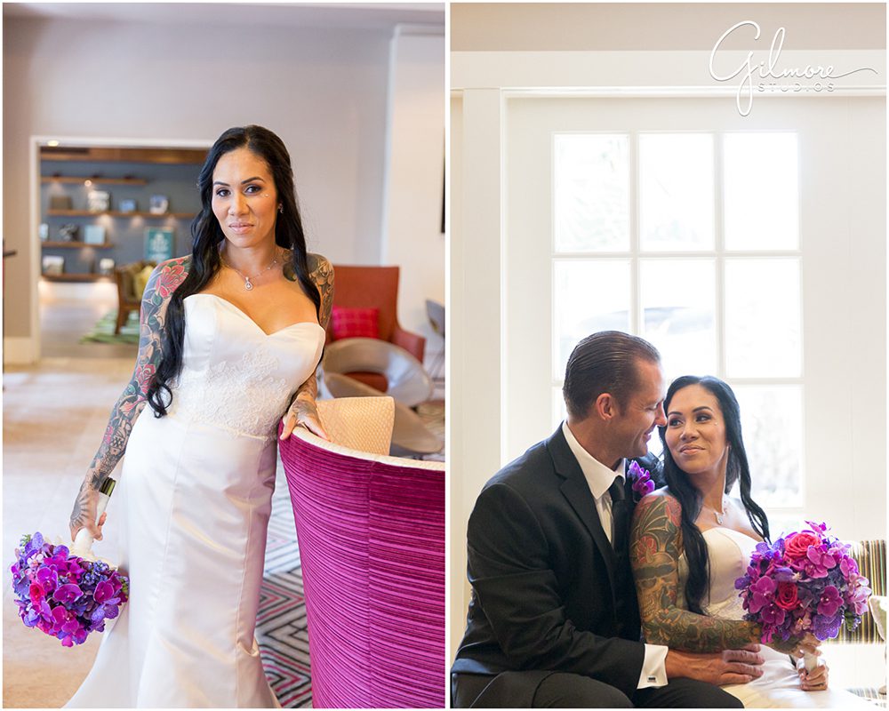 Hyatt Regency Newport Beach, groom, bride, suit, dress, wedding, flowers, bouquet, photographer, purple