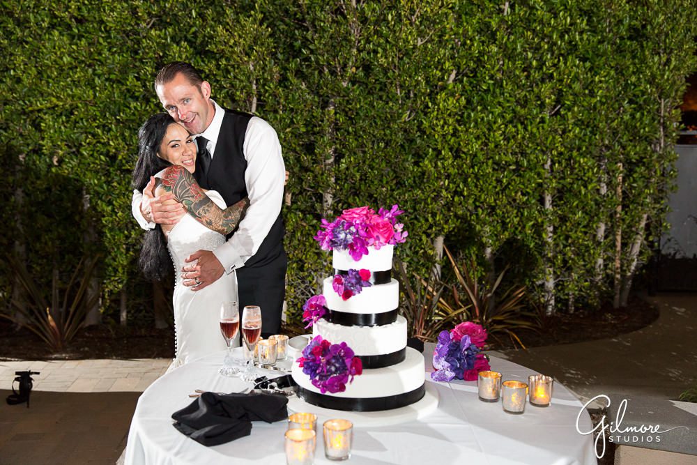 Hyatt Regency Newport Beach, wedding, cake, dress, bride, groom, reception, photographer, portrait, outdoor, flowers, purple, floral, decor, decorations