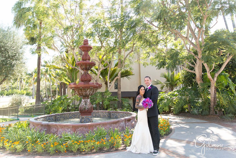 Hyatt Regency Newport Beach, wedding, photographer, groom, bride, dress, fountain, portrait, flowers, floral, purple, suit