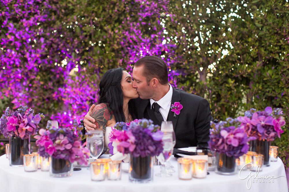 Hyatt Regency Newport Beach, wedding, photographer, reception, kiss, bride, groom, purple, flowers, suit, dress