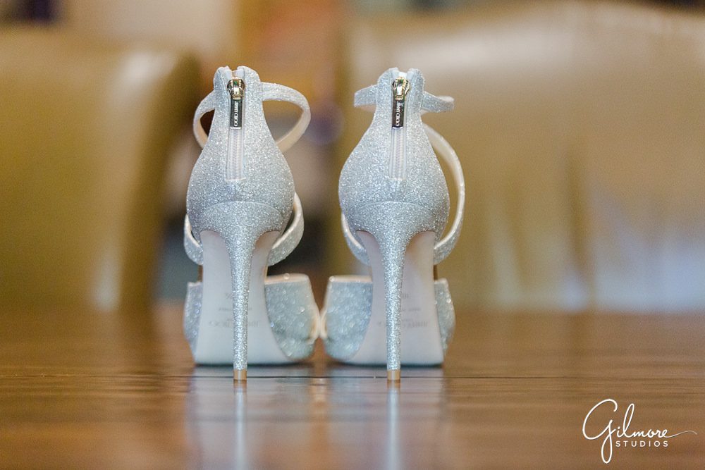 Jimmy Choo wedding shoes, silver heels, sparkle, glitter, Big Canyon Country Club wedding