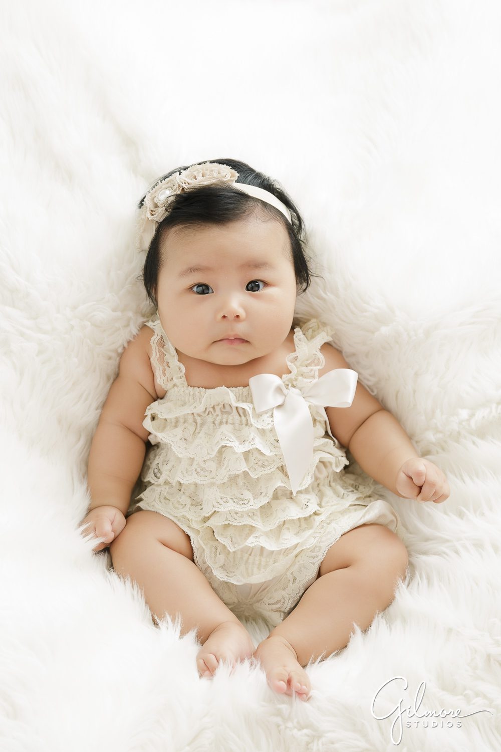 100 Days Baby Photography Session, white blanket, newborn, lace headband, dress, ribbon, floral