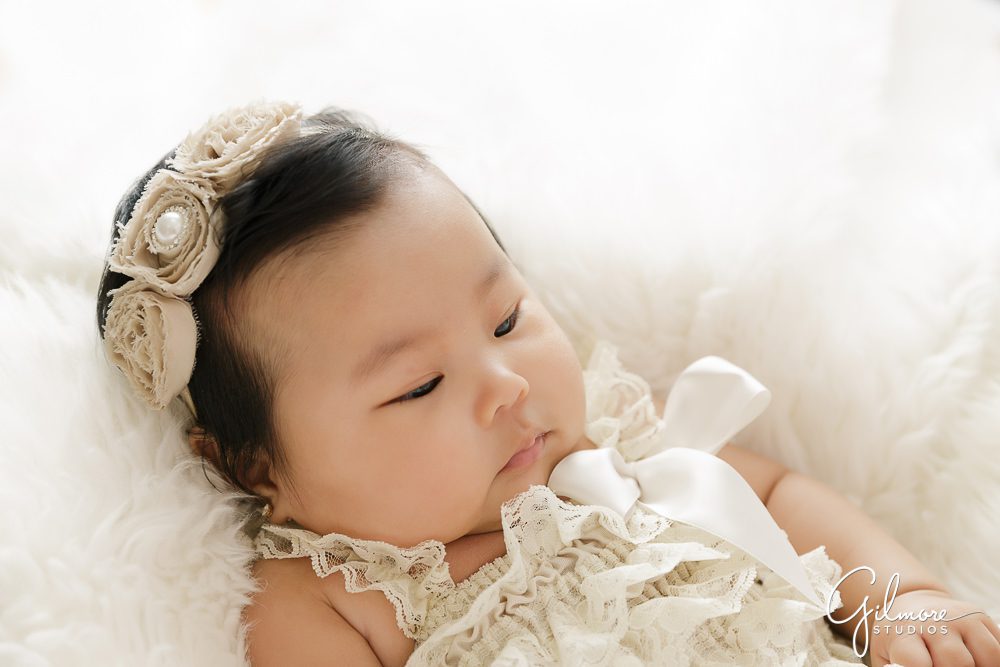 100 Days Baby Photography Session, newborn, portrait, earring, ribbon, lace dress, headband, floral