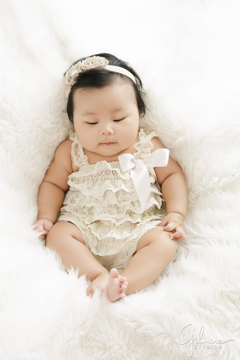 100 Days Baby Photography Session, sleeping, newborn, portraits, ribbon, lace headband, dress, white blanket