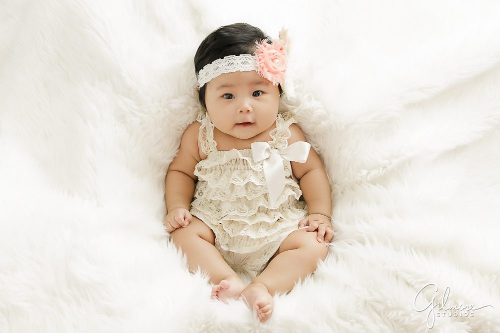 100 Days Baby Photography Session, newborn, lace dress, ribbon, headband, flower, floral, blanket, white, newborn