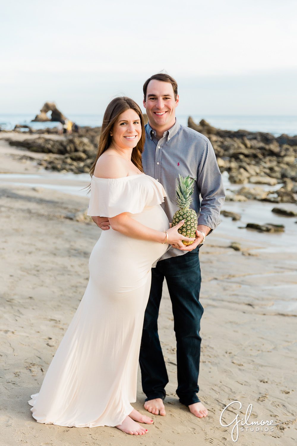 Maternity & Newborn Photography, pineapple, beach, corona del mar, new parents, family portraits, outdoor, white dress, barefeet, mom, dad, pregnant, waves, picture package, session