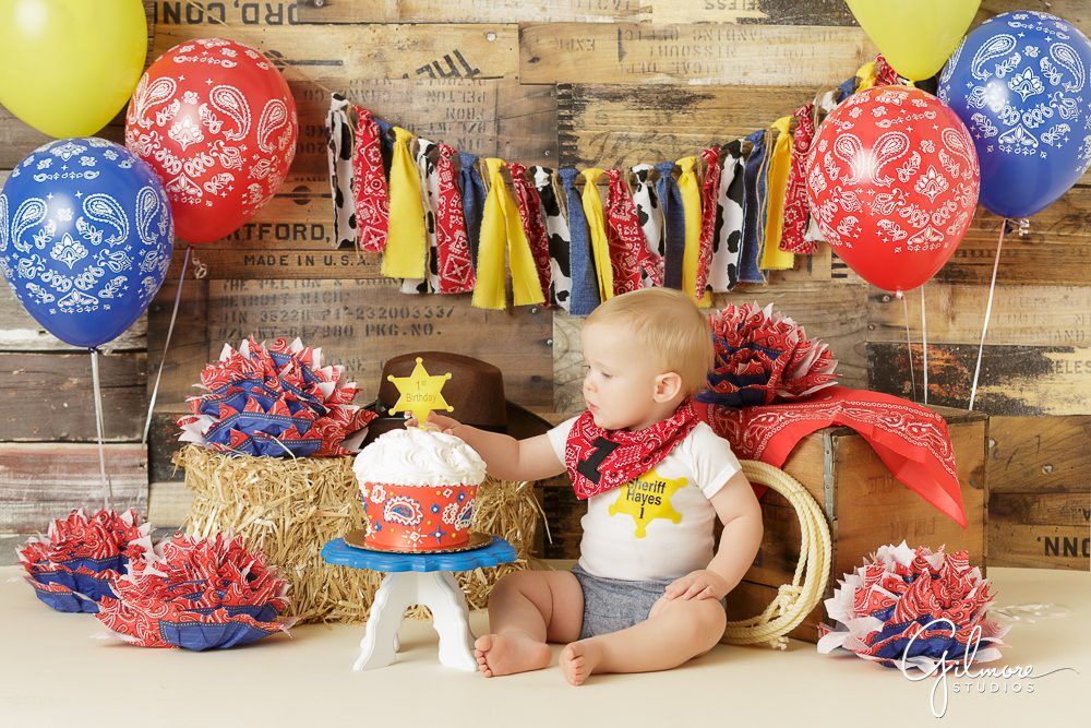 Cowboy Cake Smash, baby outfit, bandanna, first bday, 1st birthday, props, studio, theme, pom poms