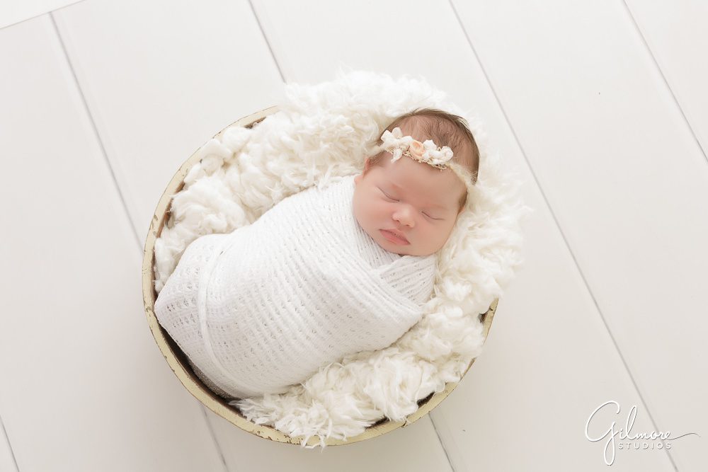 Orange County Newborn, baby, blanket, headband, lace, swaddled, portrait studio, family photography