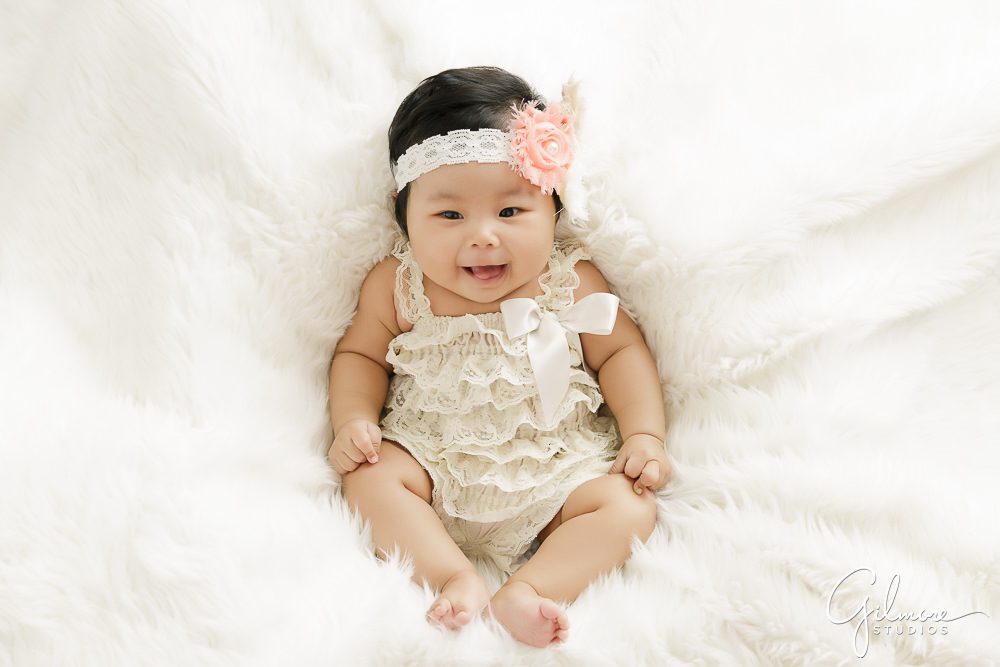 100 Days Baby Photography Session, smiling, laughing, newborn, ribbon, lace, dress, headband, floral, flower, newborn