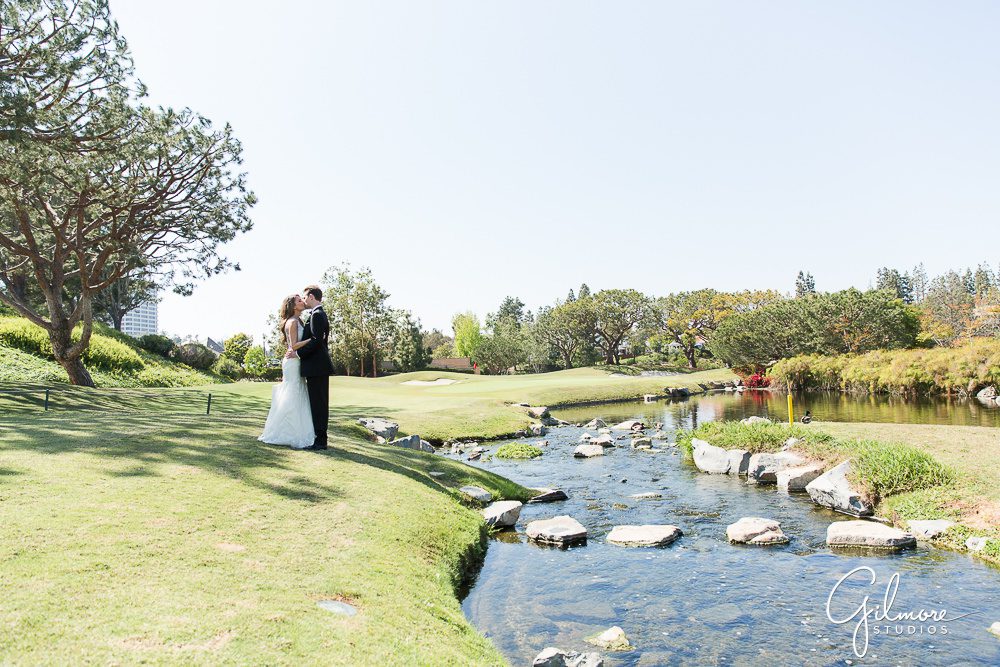 Big Canyon Country Club Wedding, golf course, stream, water feature, bride and groom
