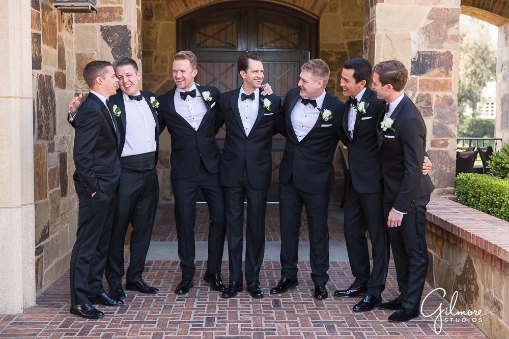 groomsmen, groom, black tie, tuxedo, tux, Orange County, Rosa Clara wedding dress, Big Canyon Country Club Wedding
