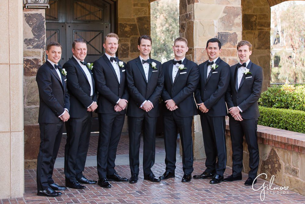 Big Canyon Country Club Wedding, groomsmen, groom, tuxedos, tuxes, boutonnieres, flowers, outdoor group photo, bridal party, newport beach