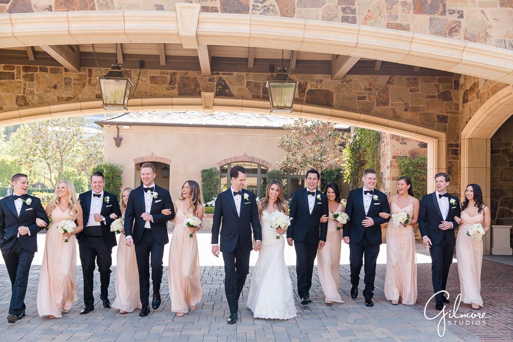 Big Canyon Country Club Wedding, bridal party, wedding photographers Orange County, blush bridesmaid dress, pink, floral, bouquet, groomsmen