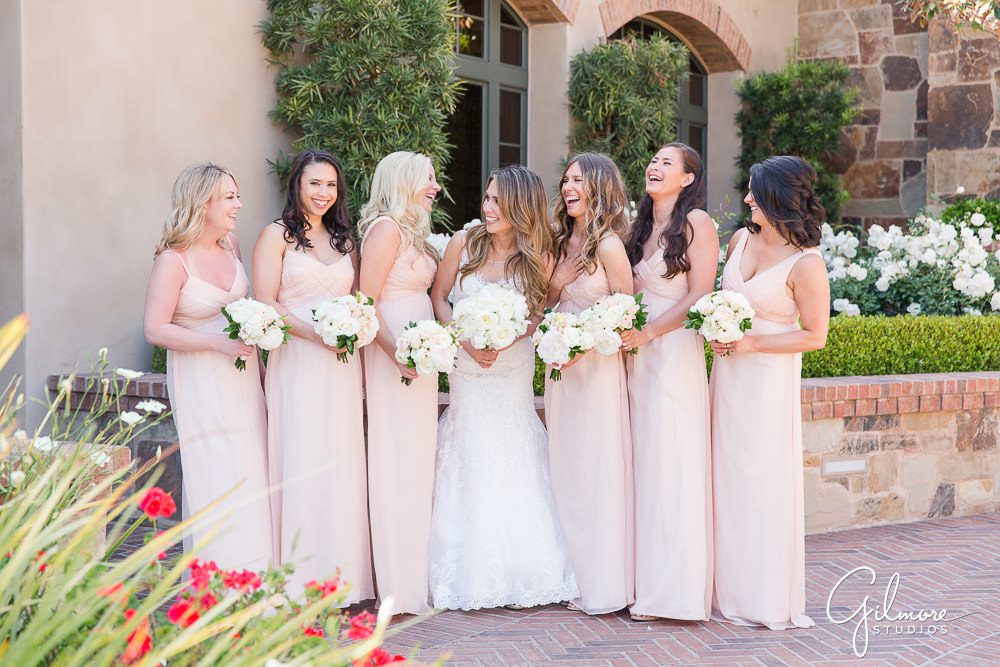 Big Canyon Country Club Wedding, bridal party, wedding photographers Orange County, blush bridesmaid dress, pink, floral, bouquet,