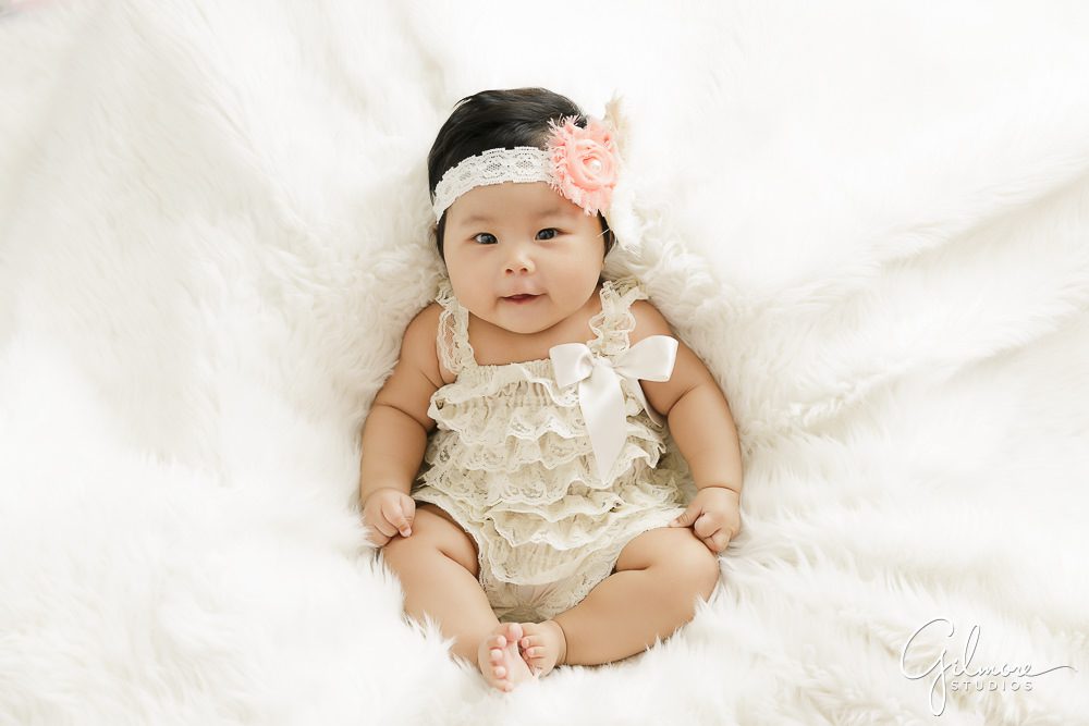 100 Days Baby Photography Session, newborn, portrait, floral headband, flowers, ribbon, lace dress