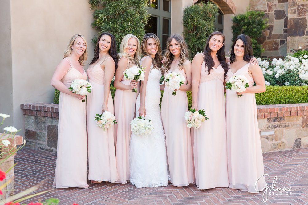 Big Canyon Country Club Wedding, bridal party, wedding photographers Orange County, blush bridesmaid dress, pink, floral, bouquet,