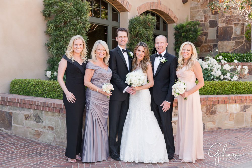 family portrait, Big Canyon Country Club Wedding, bridal party, wedding photographers Orange County, blush bridesmaid dress, pink, floral, bouquet,