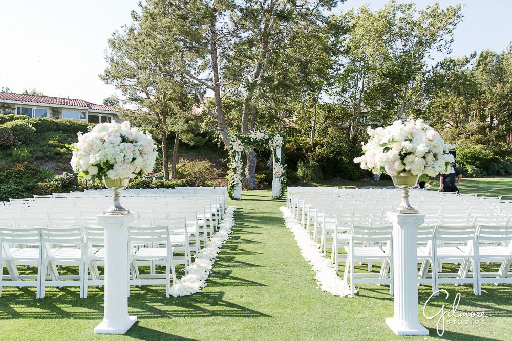 wedding program, white wedding chairs, floral decor, ceremony, big canyon country club, site, venue