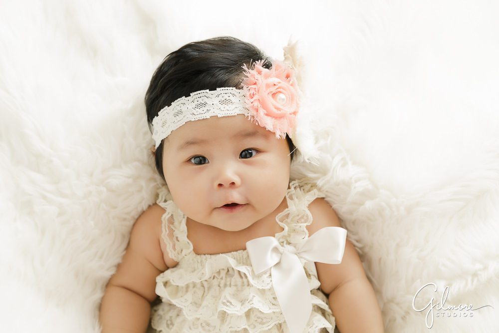 100 Days Baby Photography Session, pink flower headband, floral, blanket, dress, lace, ribbon, newborn