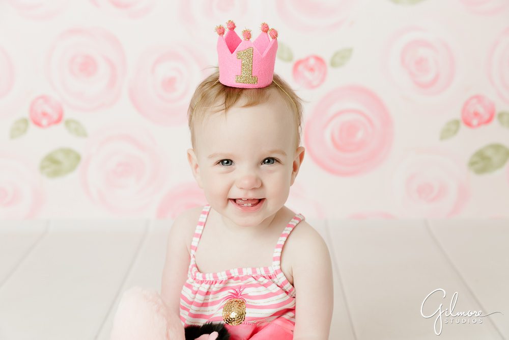 Unicorn Theme Cake Smash, pink crown, dress, outfit, background, backdrop, baby girl, one year old, first bday