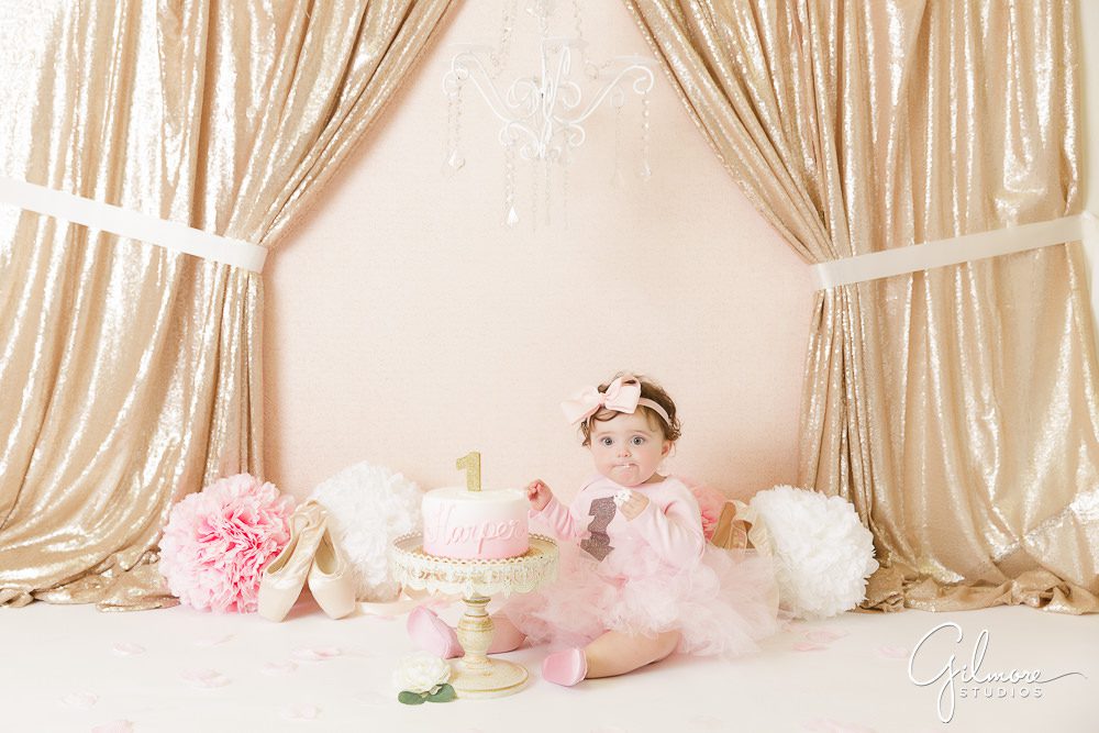 Ballerina Cake Smash Session, props, drapes, one year old baby, first birthday, 1st bday, girl